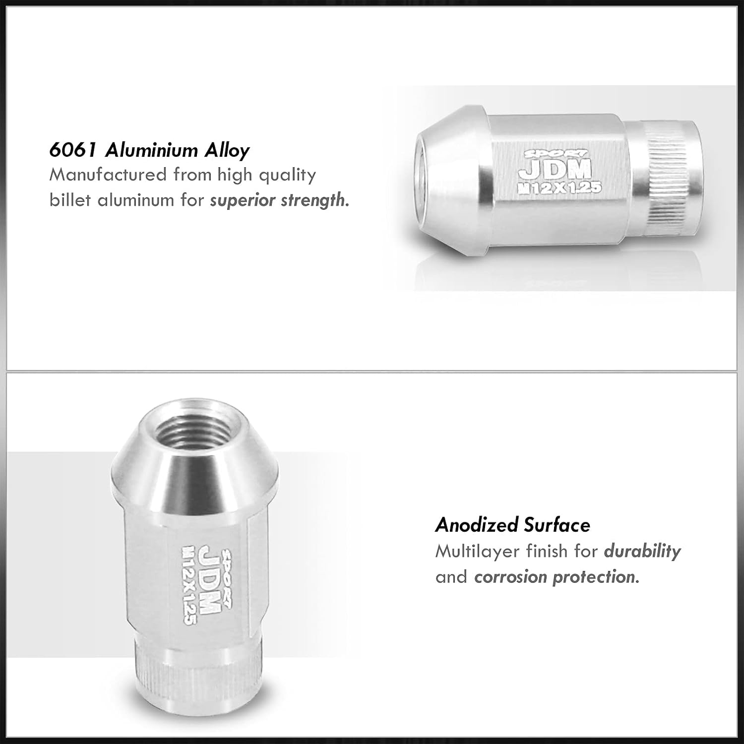 AJP Distributors Universal JDM Sport M12 X 1.25MM Thread Pitch 20-Pieces Hexagonal T-6061 Aluminum Open End Wheels Rims Tuner Lug Nuts Set Kit Anodized Silver w/Socket Adapter Key