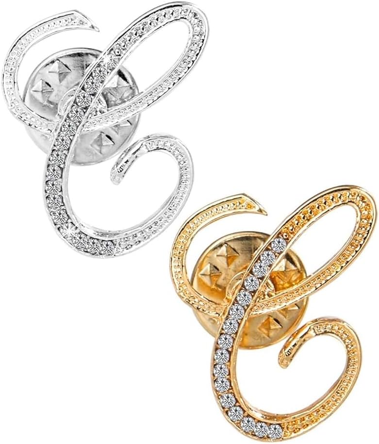 Initial Letter Brooch Pin 26 Letters Small Lapel Pin - Clear Crystal Rhinestone Tie Tack Name Personalized Breastpin for Women Pack of 2 Gold and Silver