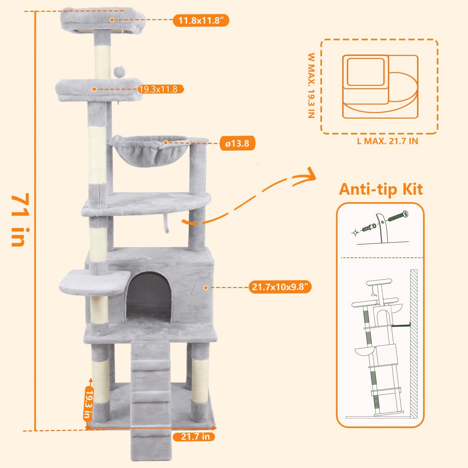 71" Tall Cat Tree for Indoor Cats, Multi-Level Cat Tower with Condo, Hammock & Top Perch, Stable Cat Activity Center with Scratching Posts, Anti-Tip Kit Included, Light Grey