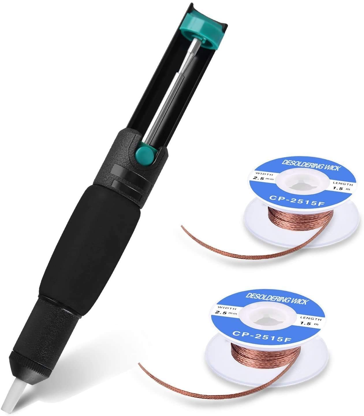 Desoldering Pump Solder Wick, Solder Remover Tool 3-in-1 Kit Included 1pc Solder Sucker Pump and 2pcs Desoldering Wick Solder Braid Wire (2.5mm Width, 1.5m Length)