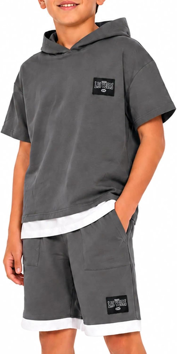 Boys 2 Piece Summer Outfit, Short Sleeve Hoodie and Shorts Set, Big Boys Casual Clothes for School Camp Ages 7-14