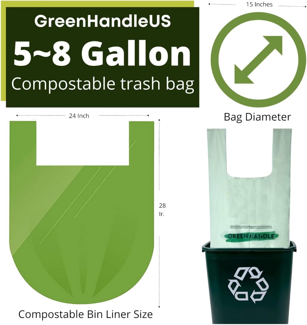 Green Handle US BPI certified 8 Gallon Extra Thick Compostable Trash Bag Liners with Handles (1.00 Mil = 25 mic) California SB 1383 ASTM D6400 Europe OK Home & Seedling (5~8 Gallon | 20~30 Liter)