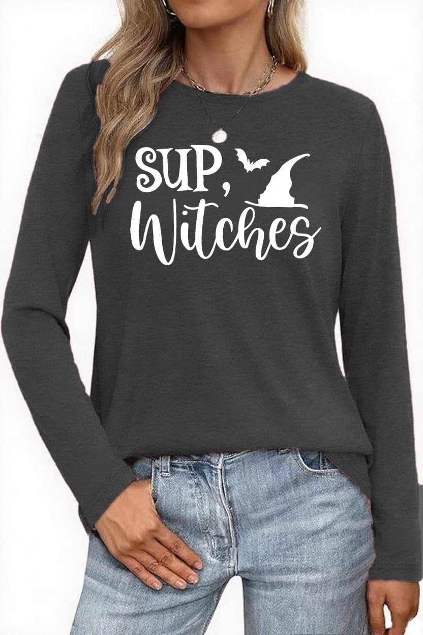 Women Halloween Shirt Halloween Witch Tshirt Spooky Vibes Witch Hat Graphic Tees Fall Season Long Sleeve Tops