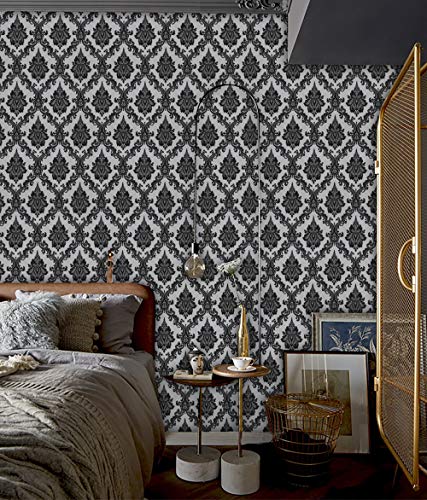 Micpolo 17.7"×118" Black Contact Paper Black Peel And Stick Wallpaper For Bedroom Damask Wallpaper Decorative Vinyl Film Wallcovering Shelf Liner Cabinet #TOP1