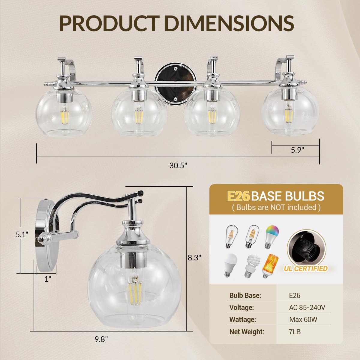 ANDY STAR 4-Light Bathroom Vanity Light, Chrome Wall Sconce, Anti-Rust Metal Bathroom Light with Hight-Quality Clear Glass, Bath Wall Lamp for Mirror, Kitchen, Living Room, Bedroom, Hallway, 30.5"