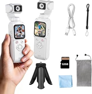 4K Handheld Camera with WiFi,Outdoor Pocket Gimbal Vlogging Camera,330° Rotating Lens Handheld Camcorder,64MP Fast Focusing Face Tracking,3-Axis Stabilizer for Vloggers and YouTube (WHITE-32G)