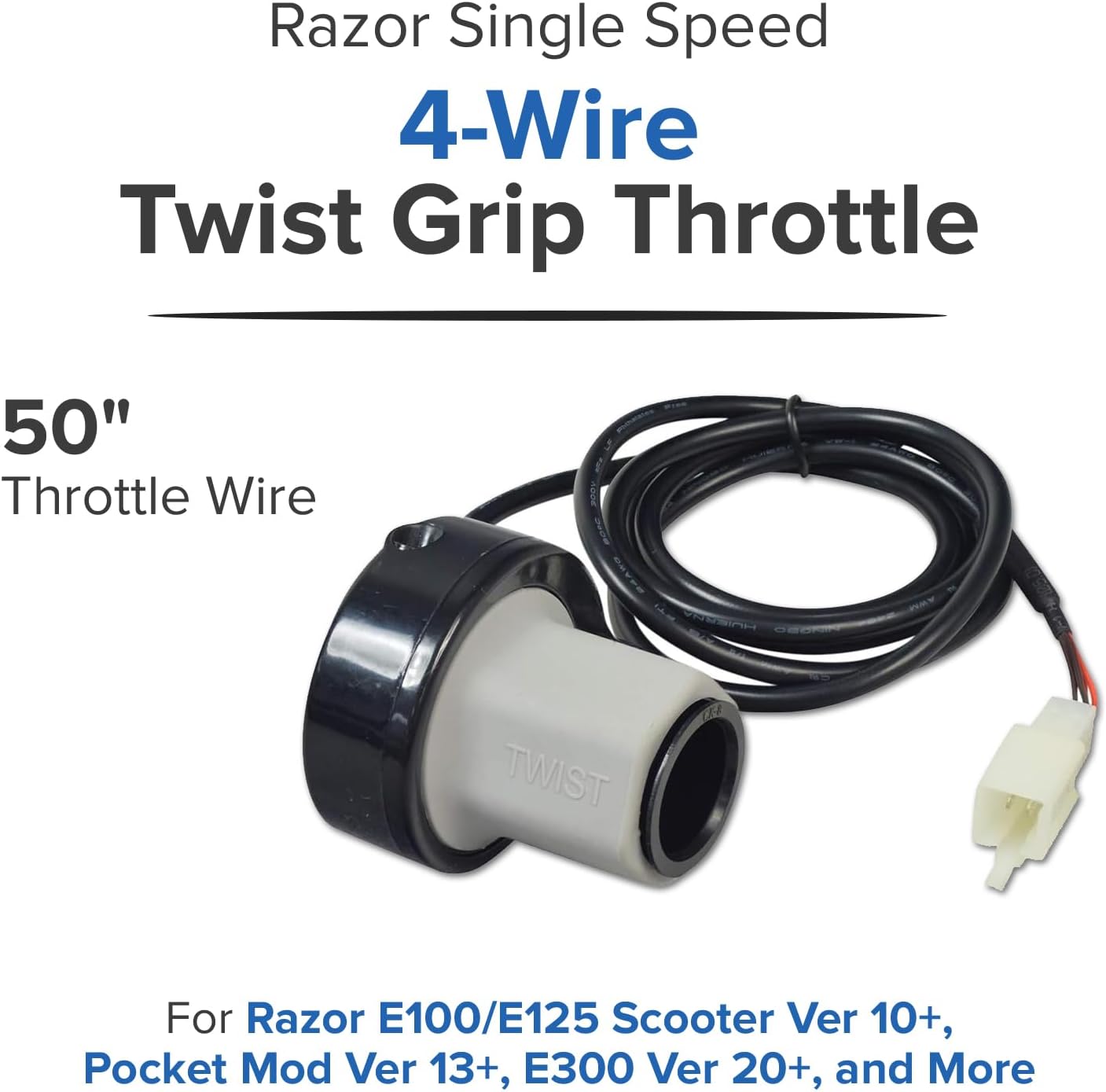 The AlveyTech 4-wire twist grip throttle with its 50-inch wire harness clearly visible.