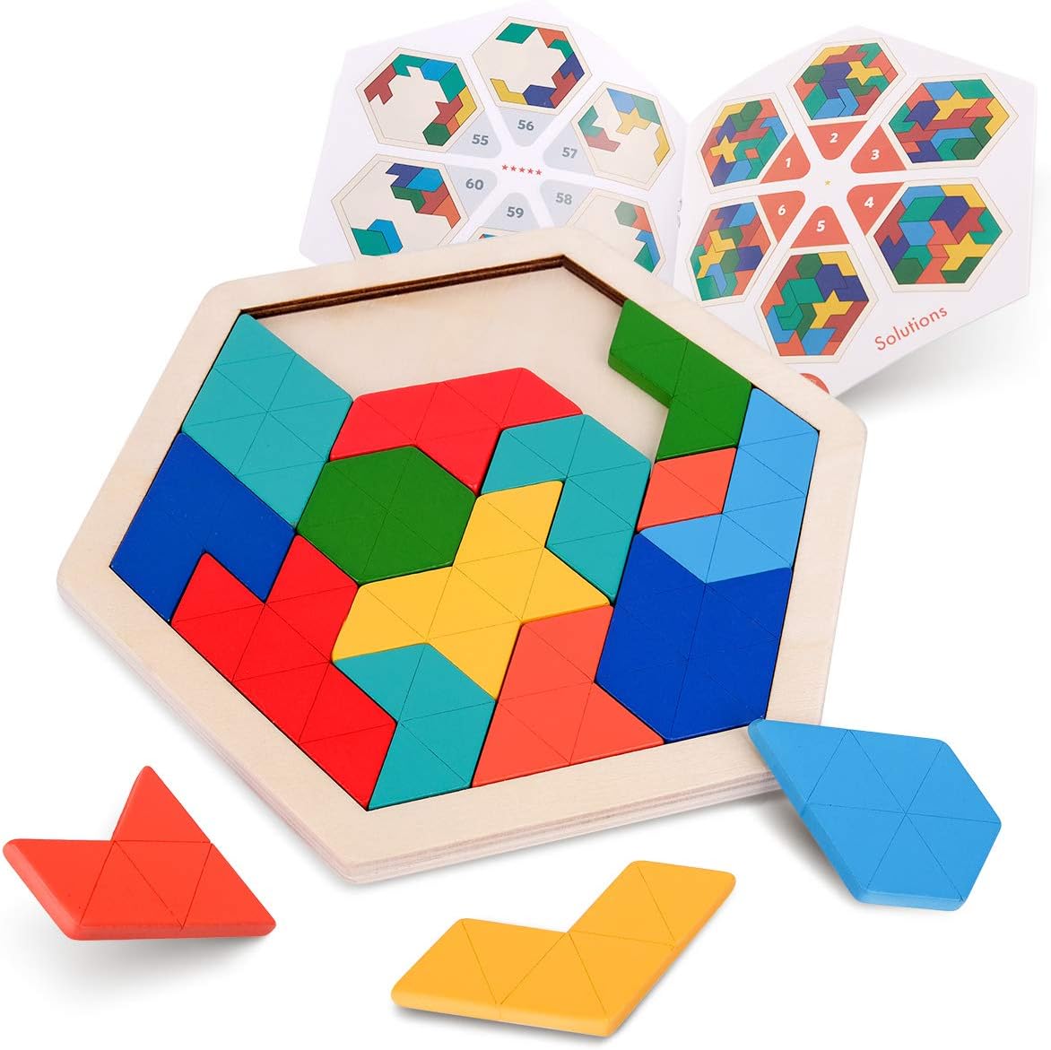 Coogam Wooden Tangram Puzzle Pattern Blocks Brain Teasers Game with 60 ...