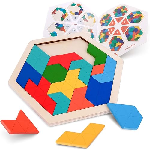 Vanmor Bloques geométricos de madera de rompecabezas Tangram – Rompecabezas de lógica 3D IQ Brain Teaser | Juguete educativo Montessori STEM, juego