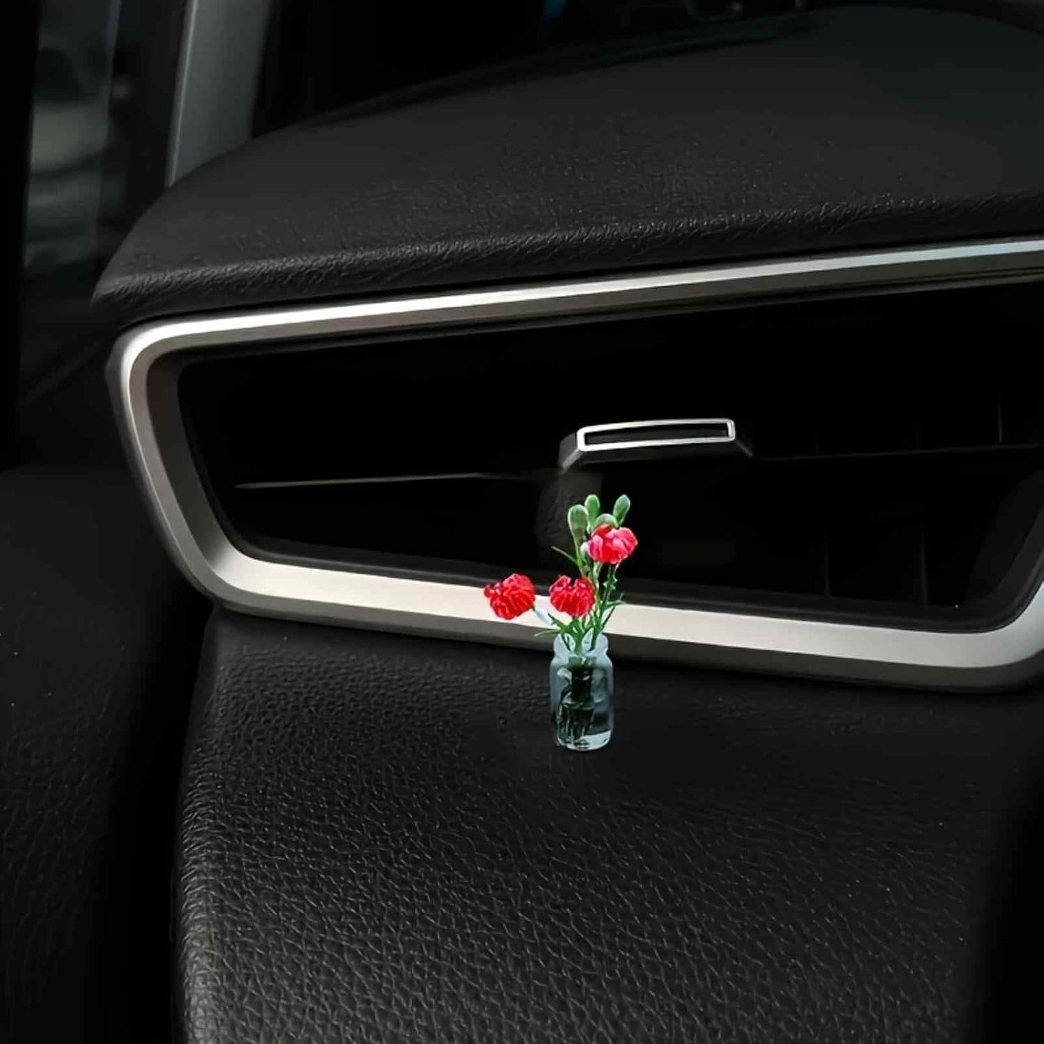 3 Pack Mini Luminous Red Carnation Car Dashboard Decorations, Realistic Artificial Flowers with Green Leaves, Exquisite Craft Cute Interior Car Accessories for Women image 5