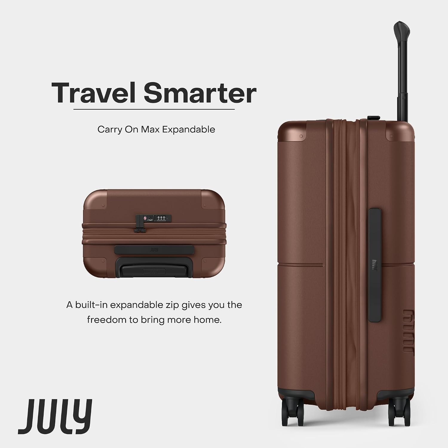 July Carry On Max Expandable - 21.5" Airline Approved Carry On Luggage with Travel Tote, Rolling Suitcase for Men & Women - TSA Lock Spinner Suitcase, Silent Wheels, Expansion Zip - Dark Brown