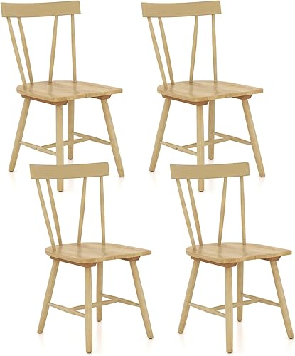 Giantex Juego de 4 sillas Windsor, sillas de comedor de madera de goma con respaldo de husillo, asientos anchos, almohadillas antideslizantes, carga