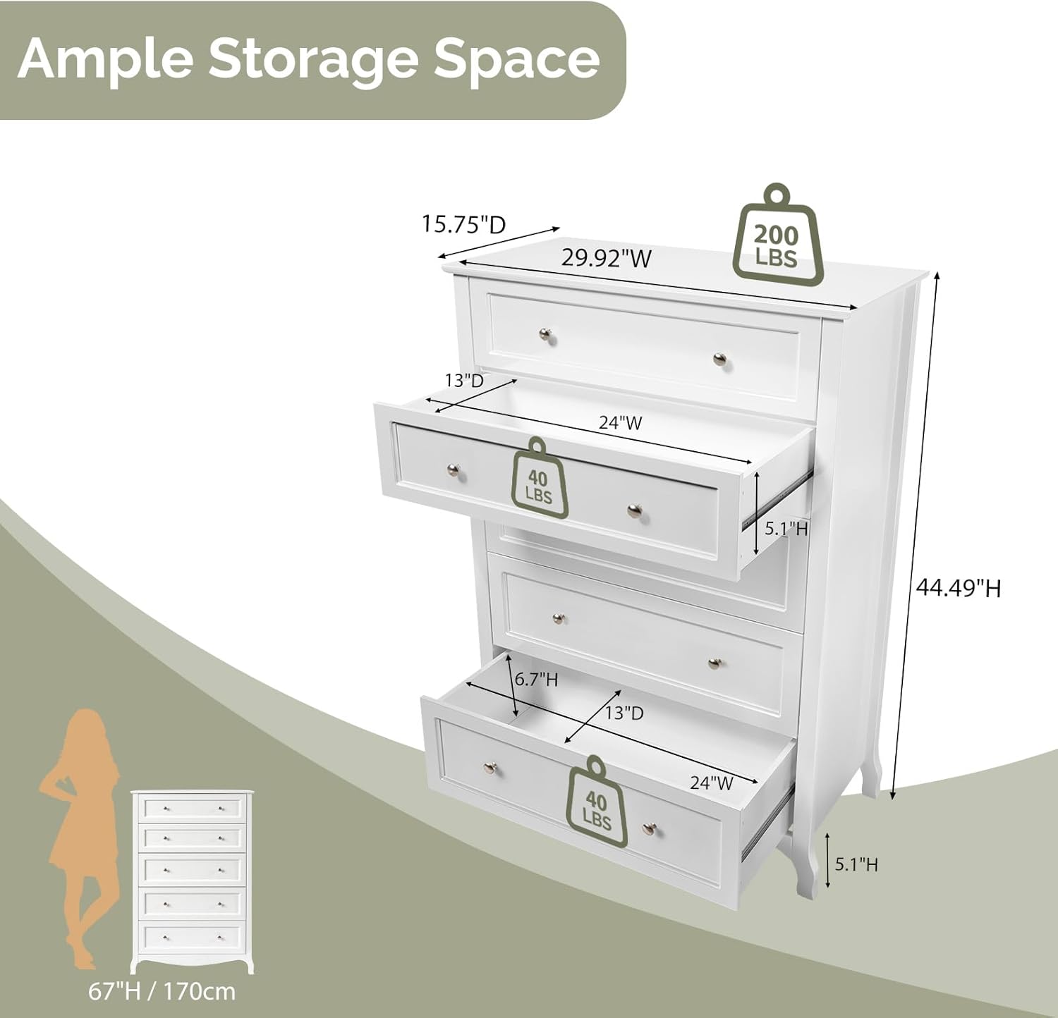 VINGLI White Dresser 5 Drawer Chest of Drawers for Bedroom, 44.5" Tall Wood Dresser with Drawers, 29.92" W*15.75" D*44.49" H