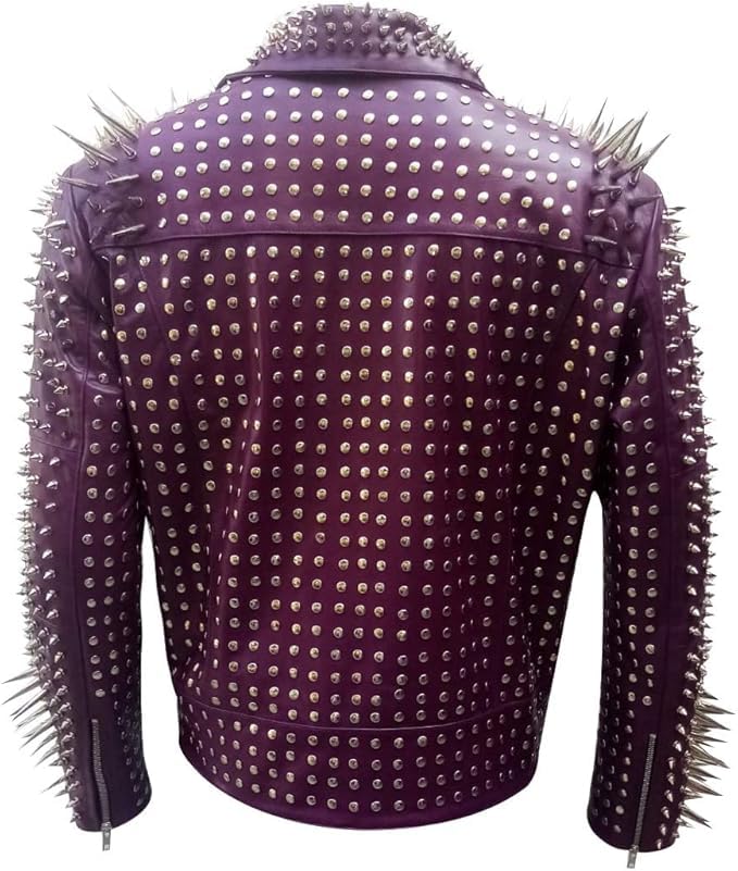 Mens Long Spikes Rock Punk Gothic Studded Brando Silver Studded Motorcycle Biker Cow Leather Jacket Purple/Black4