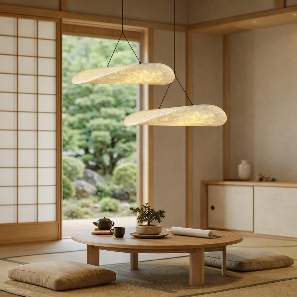 Wabi-Sabi Style Pendant Light with 27.56-Inch Imitation Silk Shade, Adjustable Height Ceiling Hanging Lamp for Kitchen Island, Living Room & Entryway