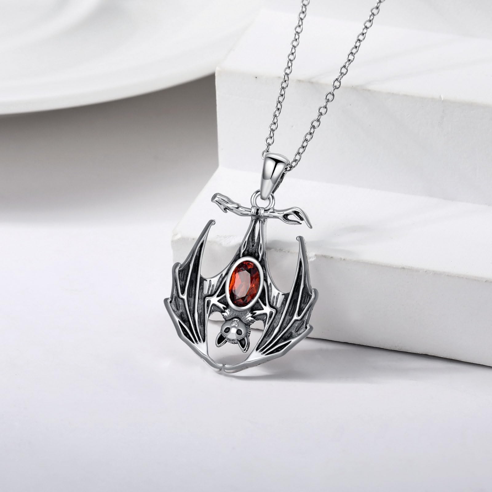 BETHZA Bat Necklace 925 Sterling Silver Natural Red Garnet Halloween Gothic Bat Pendant Animal Jewelry for Women