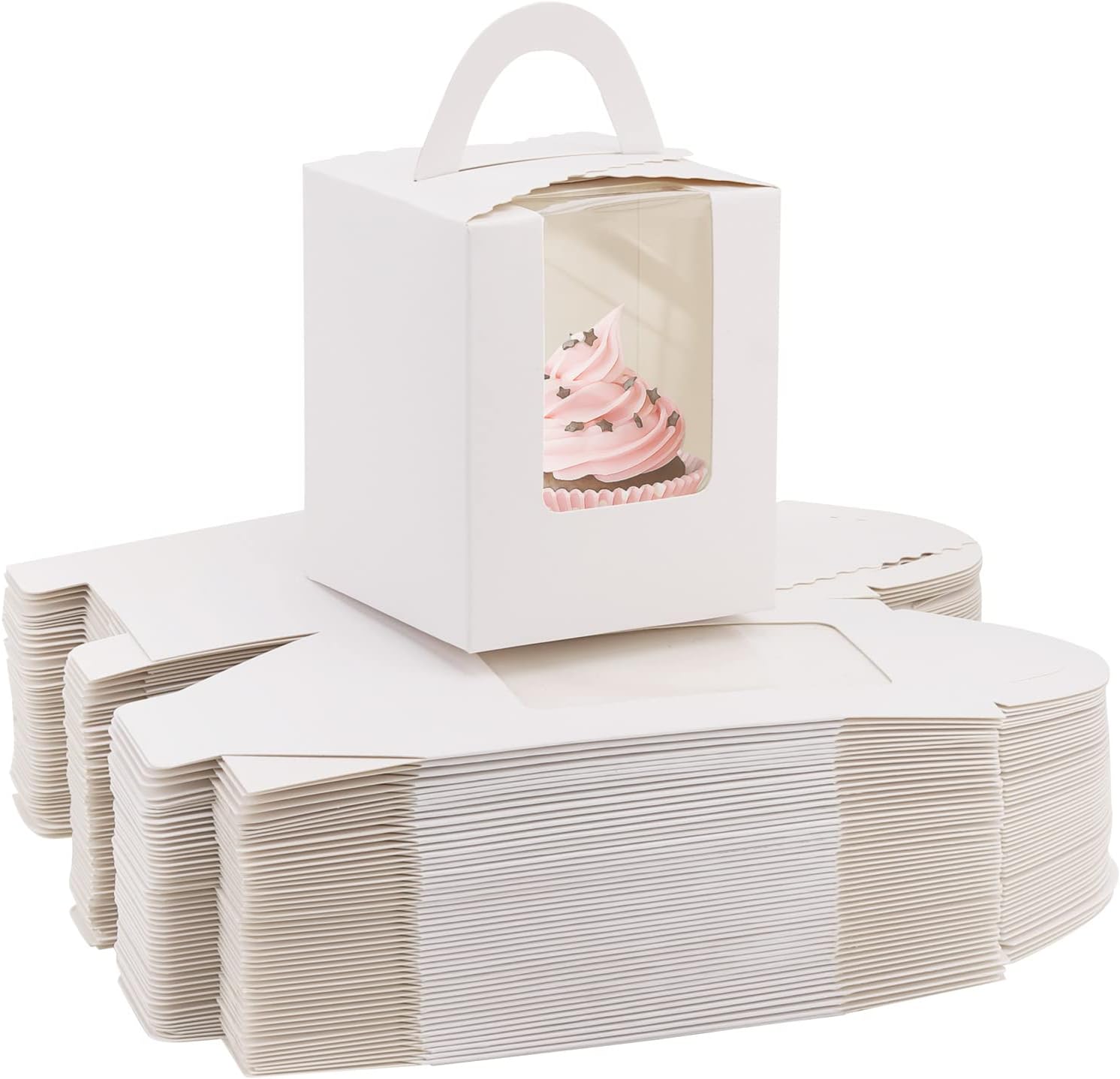 Allbests100Pcs White Cupcake Boxes With Window Cupcake Carrier Individual With Handle and Inserts for Wedding Bakery Wrapping Party Favor Packing