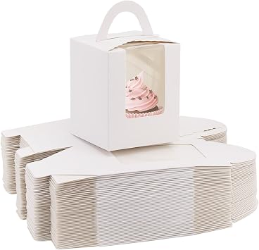 acDesign 100Pcs Cupcake Boxes With Window 3.6in*3.6in*4.3in Cupcake Carrier Individual With Handle and Inserts for Wedding Bakery Wrapping Party Favor PackingWhite