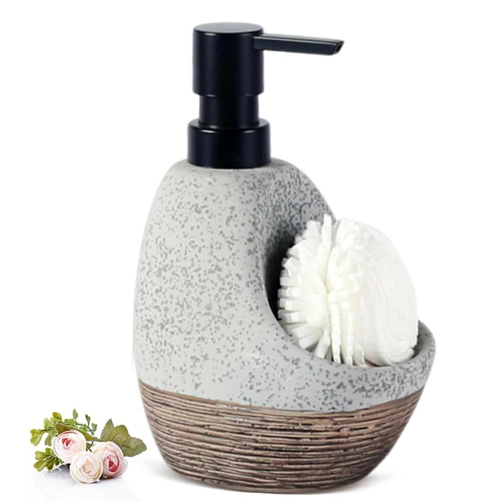 Qyleee Grey Hand Ceramic Soap Dispenser With Sponge Holder Dish And Spong 2In1 Countertop Sink Organizer Dish For Bathroom(Grey)