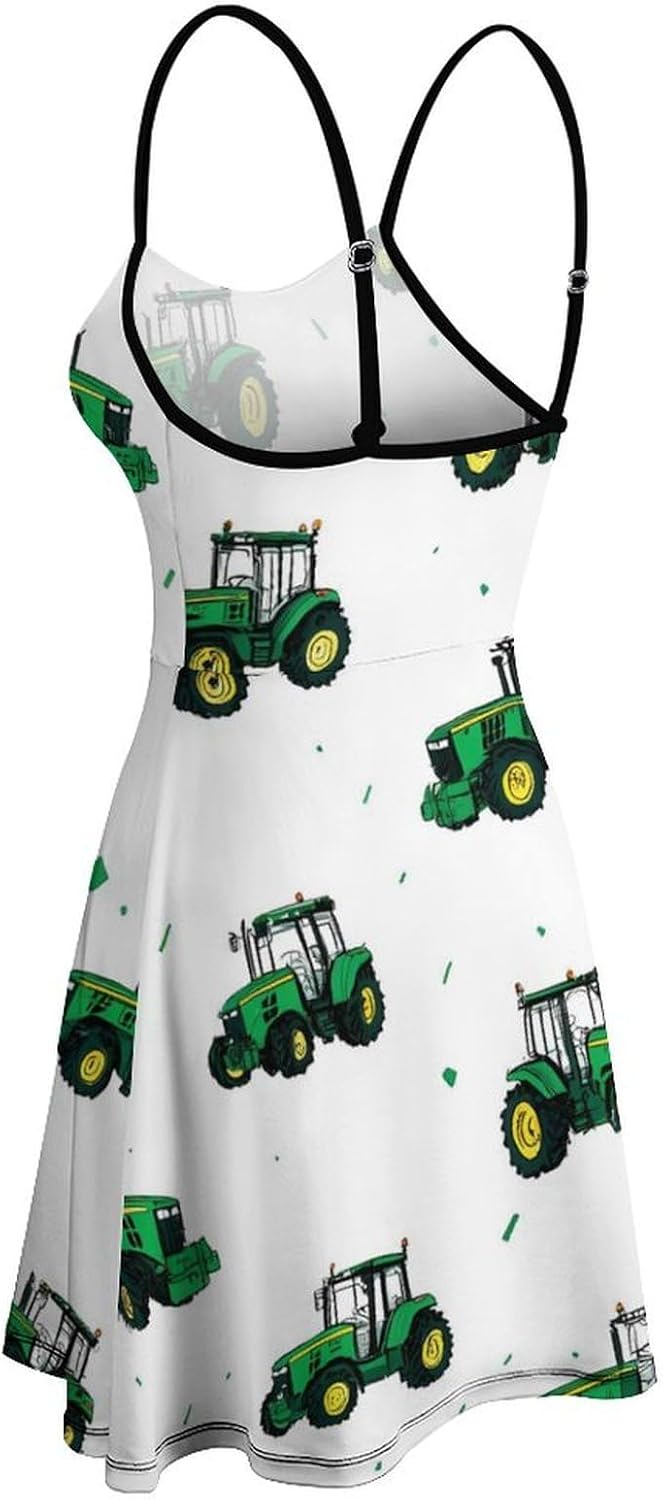 Tractors Pattern Short Cami Dress for Women Adjustable Spaghetti Strap Flowy Sundress Beach Vacation