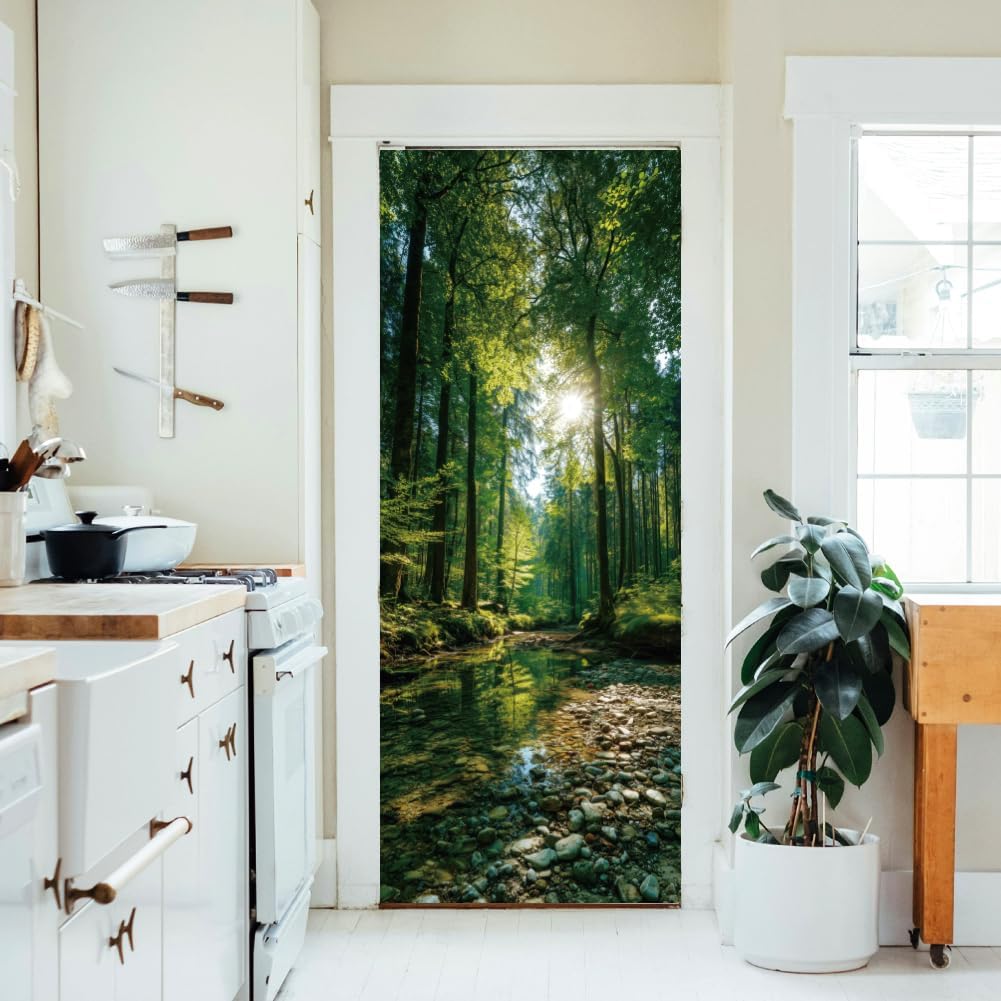 arricraft 2 Sheets Self-Adhesive Door Sticker, 80cmx200cm/31.5x78.7inch Green Forest Creek Sunshine Door Murals Stickers PVC Removable Wallpaper Decoration for Home Bedrooms ​Living Room