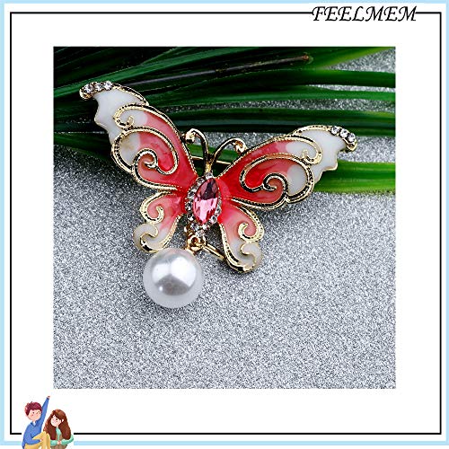 Image of FEELMEM Crystal Rhinestone Butterfly Brooch Pin Blue Color Butterfly Brooches for For Women Girls Wedding /Banquet /Birthday Party (Pink pearl)