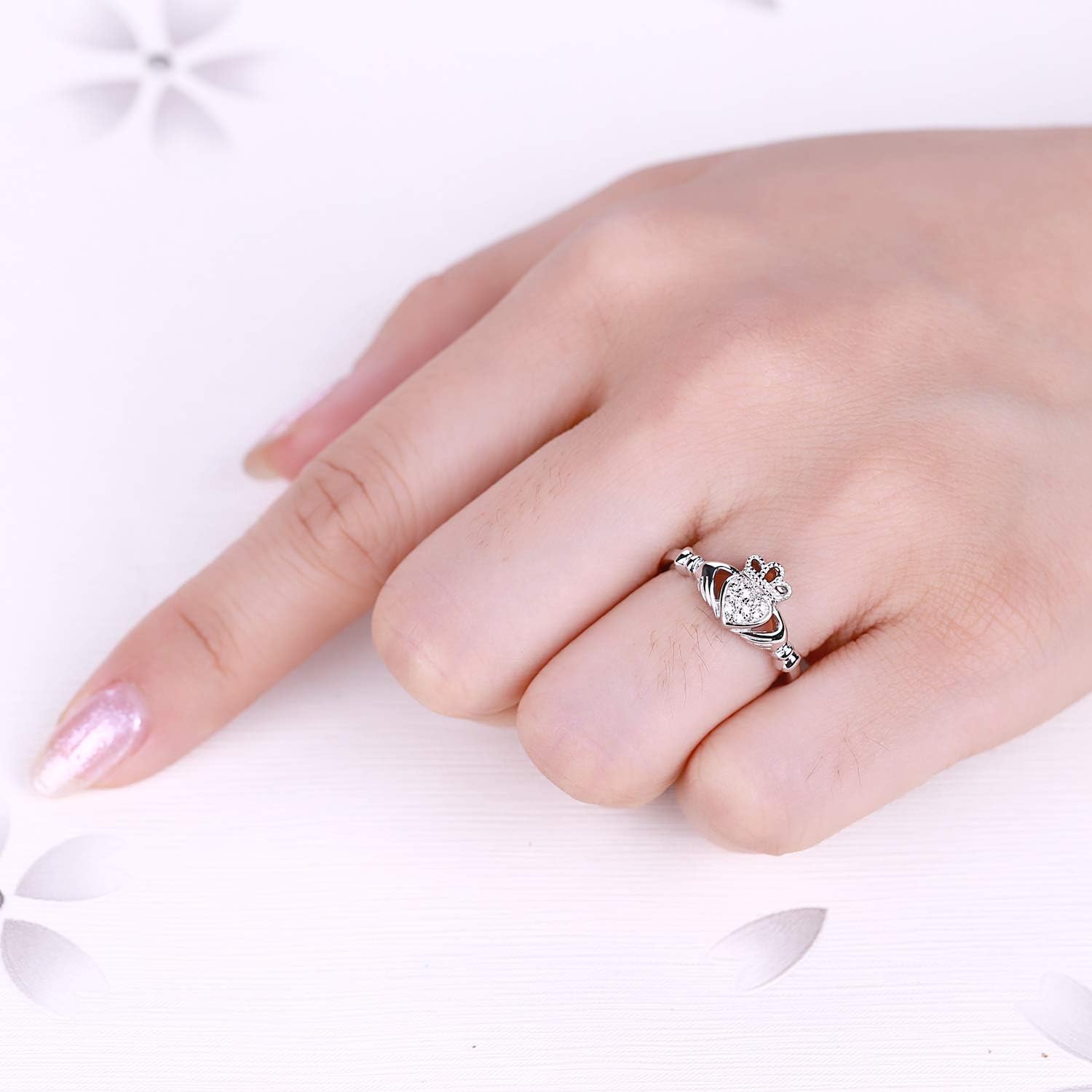 JO WISDOM 925 Sterling Silver Cubic Zirconia Rose Gold Claddagh Heart Promise Rings for Her,birthstone rings for Women