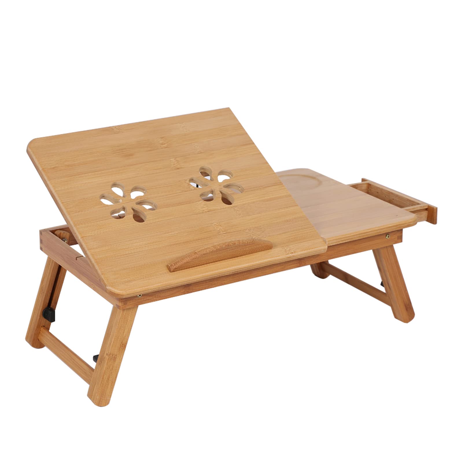 Tablette Bambou Pliante Portable Réglable avec Tiroir pour Laptop, Plateau Ajustable avec Déflecteur Antidérapant et Pieds Rétractables pour Utilisation sur Lit et Canapé