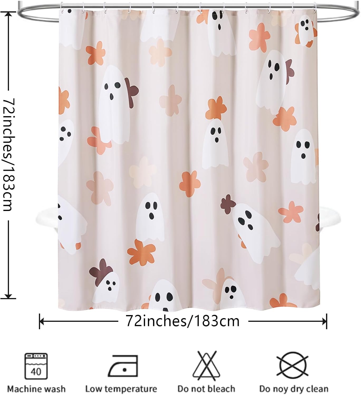 Floral Ghost Bathroom Shower Curtain Set with Hooks, 180GSM Heavy Duty Fabric Shower Curtains, 72 x 72 Cute Boho Abstract Spooky Halloween Shower Curtain for Bathroom Halloween Aesthetic Decor
