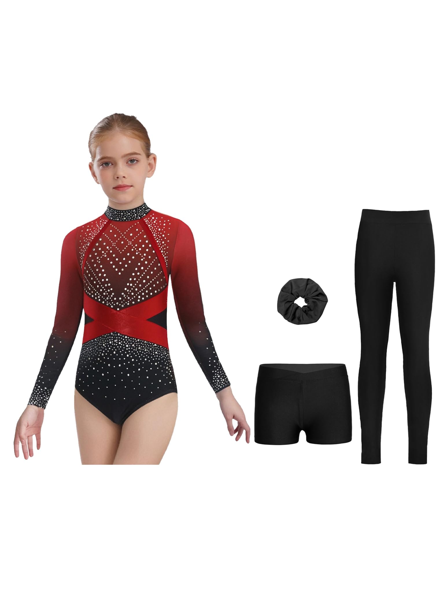 Mufeng 4 Stück Mädchen Turnanzug Glitzer Gymnastikanzug Langarm Gymnastik Leotard Tanzanzug Wettbewerb Tanzkostüm