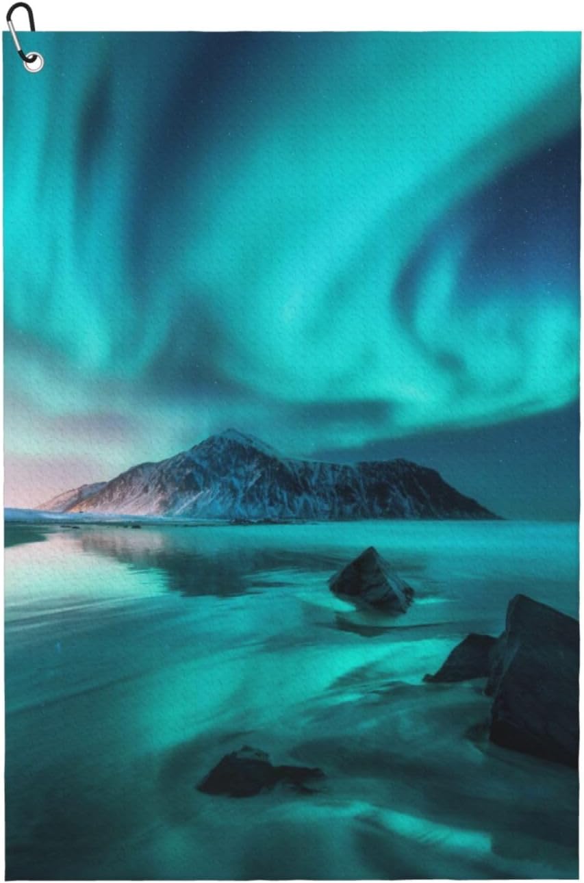 Aurora Northern Lights in Lofoten Islands Norway Microfiber Golf Towel with Carabiner Clip, 16x24 Inch Absorbent Waffle Weave Towel for Golf Bags