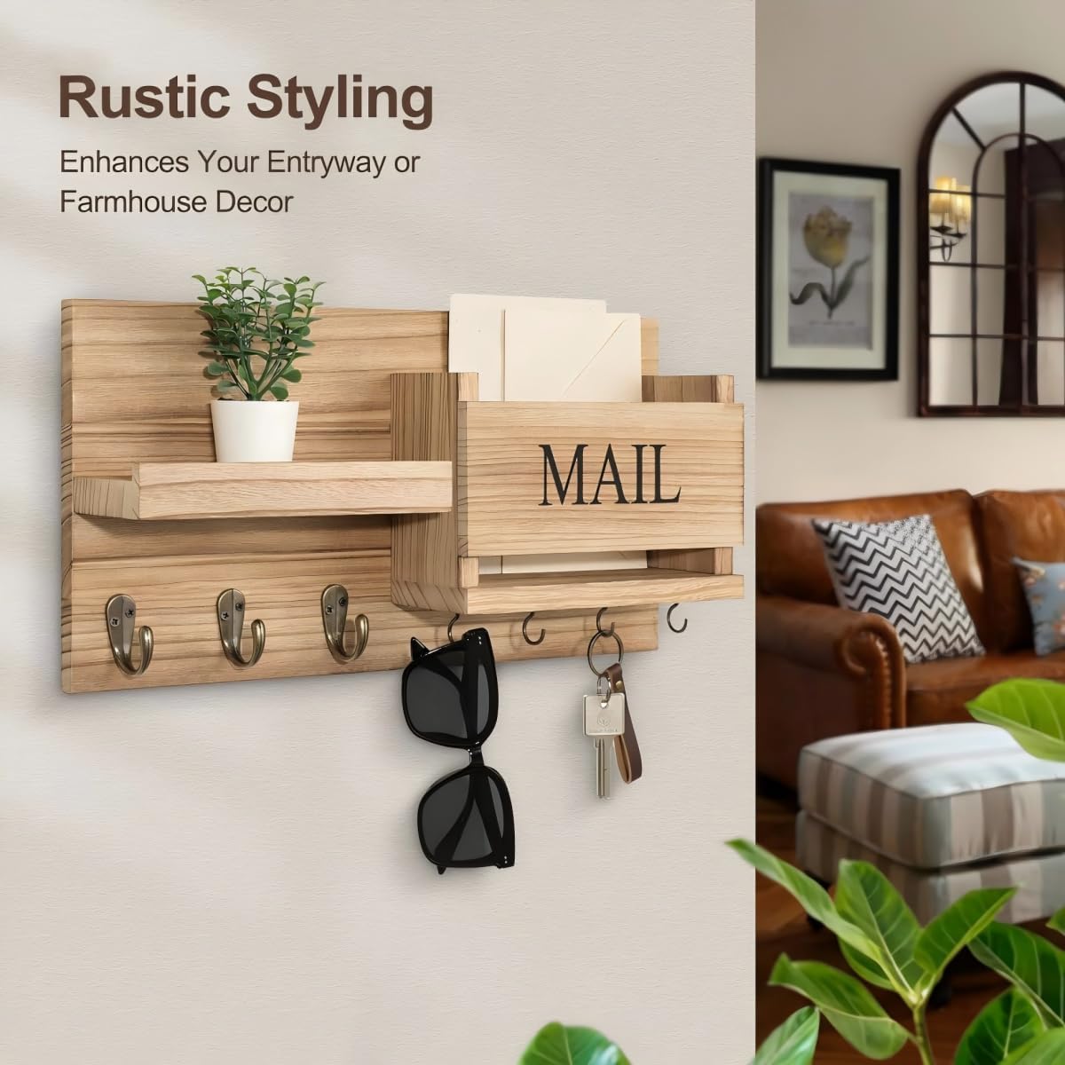 Wall-Mounted Wood Mail Holder with Key Hooks, Rustic Entryway Organizer Shelf, 16.5 x 8.2 Inch, Includes Mounting Hardware