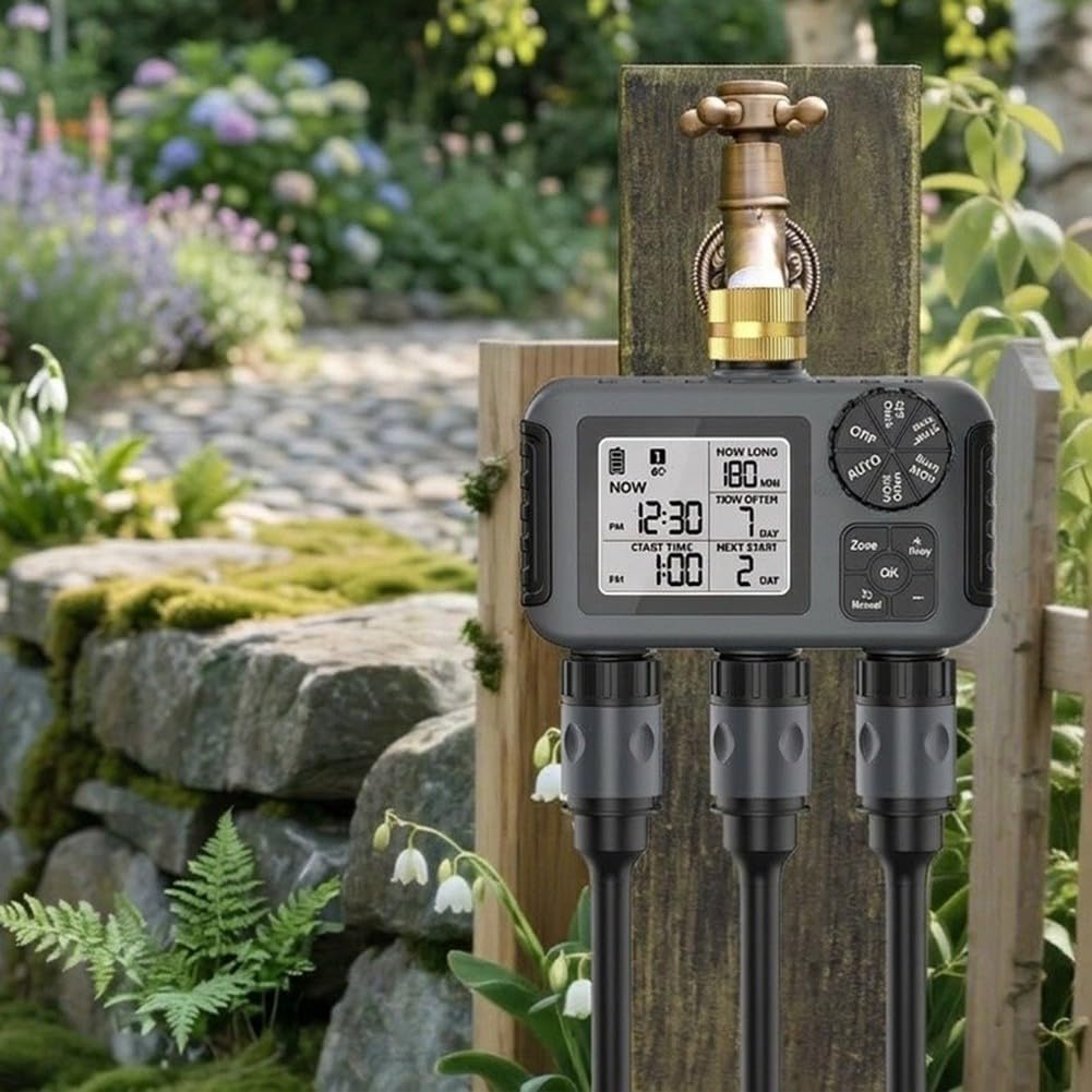 Minhe Timer intelligente per l'acqua a 3 uscite, struttura in ottone, regolatore automatico di irrigazione modalità ritardo pioggia display LCD trasparente per irrigazione giardino prato grigio