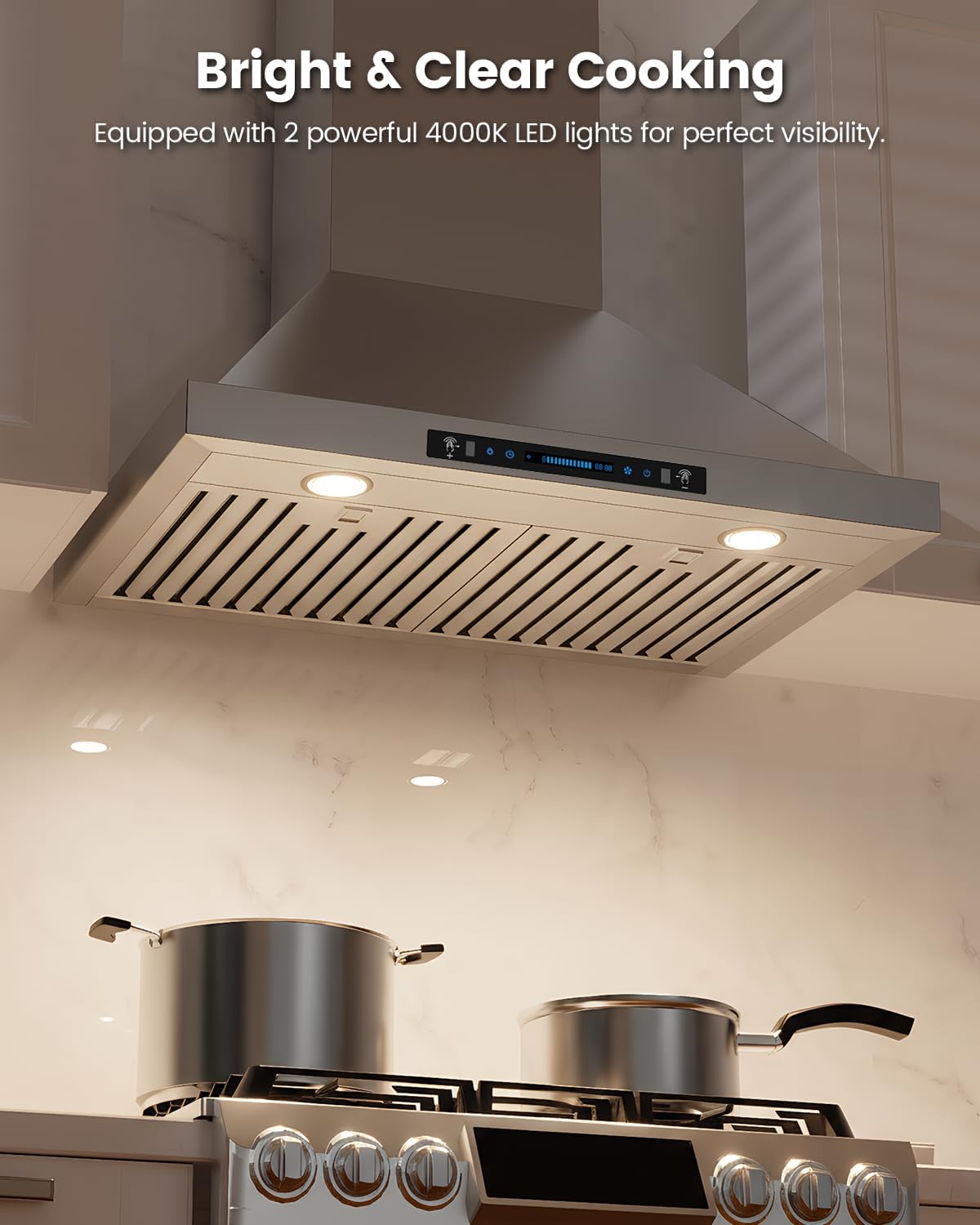 JOCO 36 Inch Wall Mount Range Hood, 900 CFM Stainless Steel Kitchen Chimney Vent Hood, Convertible for Ducted or Ductless Installation, 4-Speed Gesture/Touch/Remote Control P02-36G