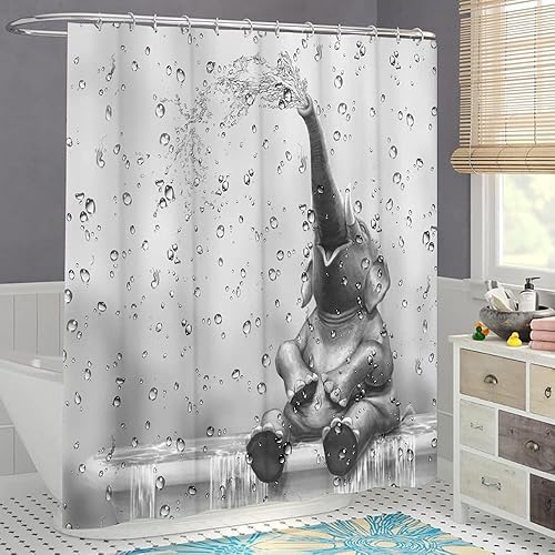 Miniatura 3 de Cortina de ducha de elefante africano, divertida cortina de baño con diseño de elefante, lindo animal salvaje sobre fondo de gota de lluvia, juego