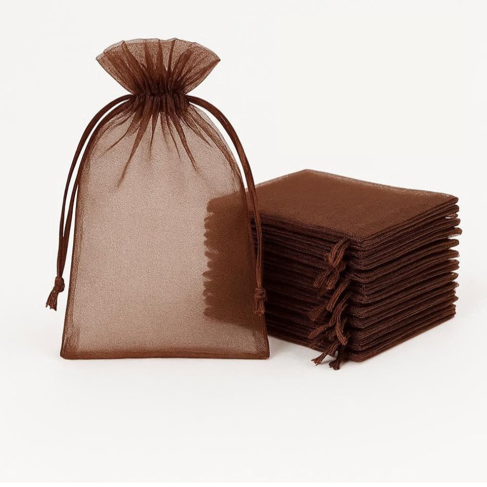 50 Brown Drawstring Organza Bags 5x7cm Small Sheer Gift Pouches for Wedding Favours Christmas Jewellery Candy Birthday Party Supplies