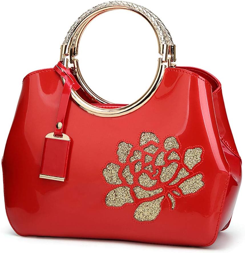 Women Tote, Patent Leather Handbag, Elegant Top Handle Bag Flower Embroidery Satchel