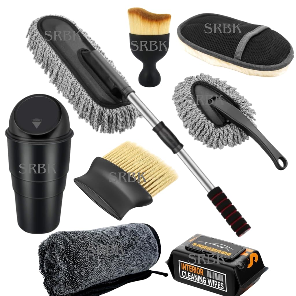 SRBK 8 Piece Car Interior Cleaning Kit with Microfibre Cloth, Dusters, Mini Brushes, Washing Gloves, Cleaning Wipes and Trash Bin for Cars, SUVs and Trucks, Black and Grey-image-9