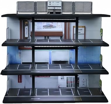 1/64 Scale Steel Frame 4-Story Garage Light-Up Parking Lot Model Display Case Diorama Architectural Model Miniature Car Display Storage Toy Gift E