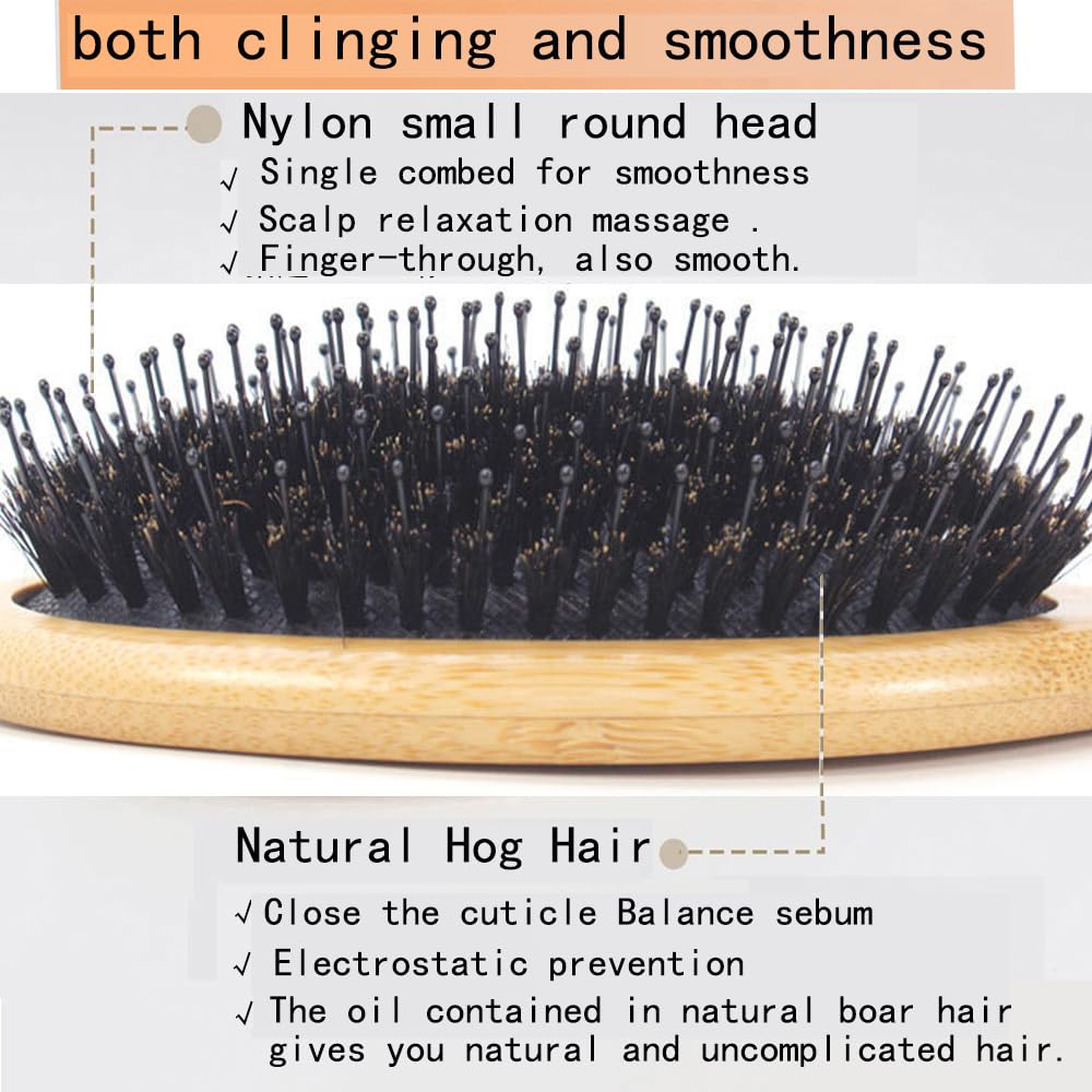 Boar Bristle & Nylon Cushion Hair Brush – Anti-Static Scalp Massage Comb for Detangling, Frizz Control, and Shine Enhancement Tool with Cleaning Brush & Wooden Comb Set, Handcrafted Gift