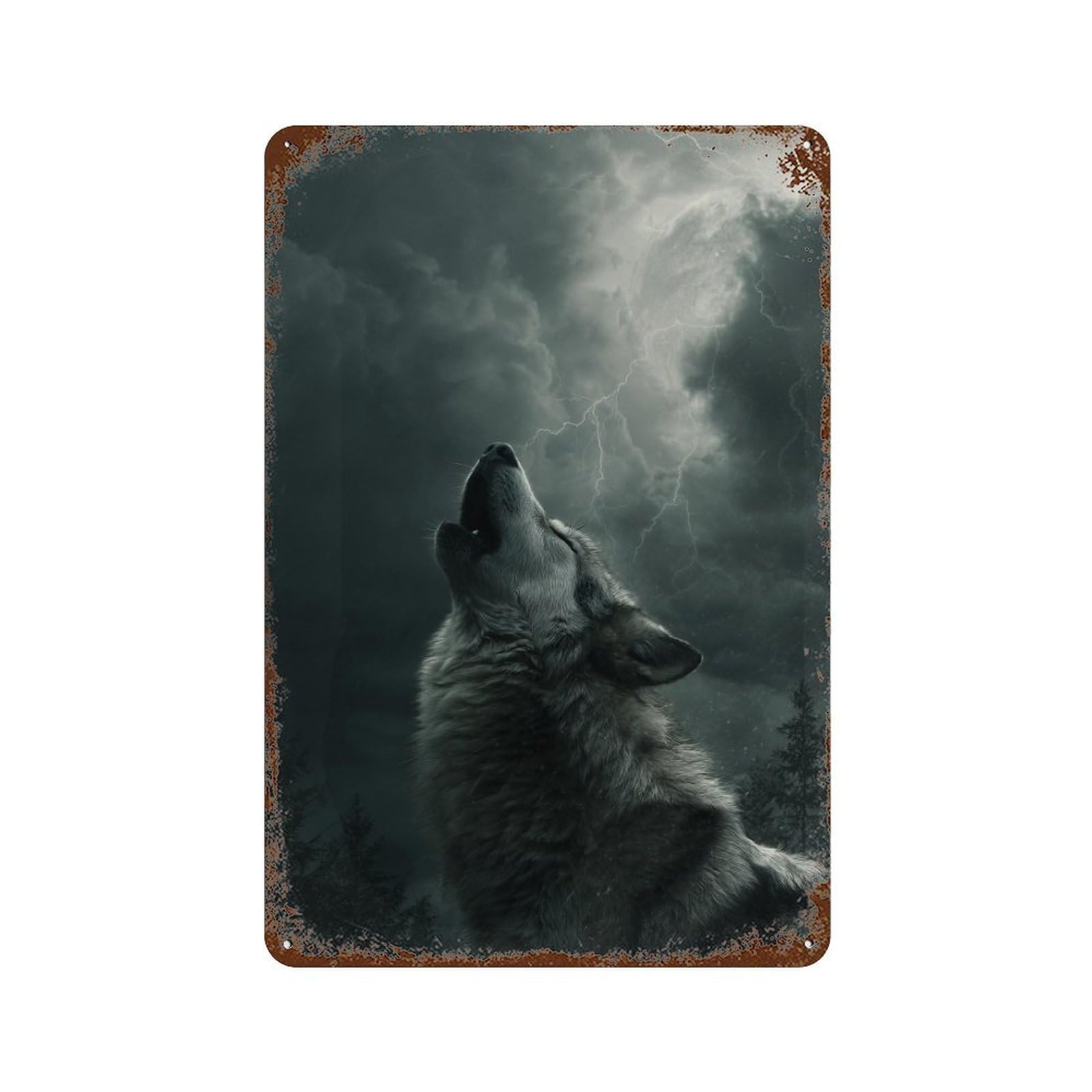 Wolf Howling at Stormy Sky Rust Effect Tin Sign 11.8"x7.9", Decorative Metal Wall Art for Living Room, Hallway And Home Decor