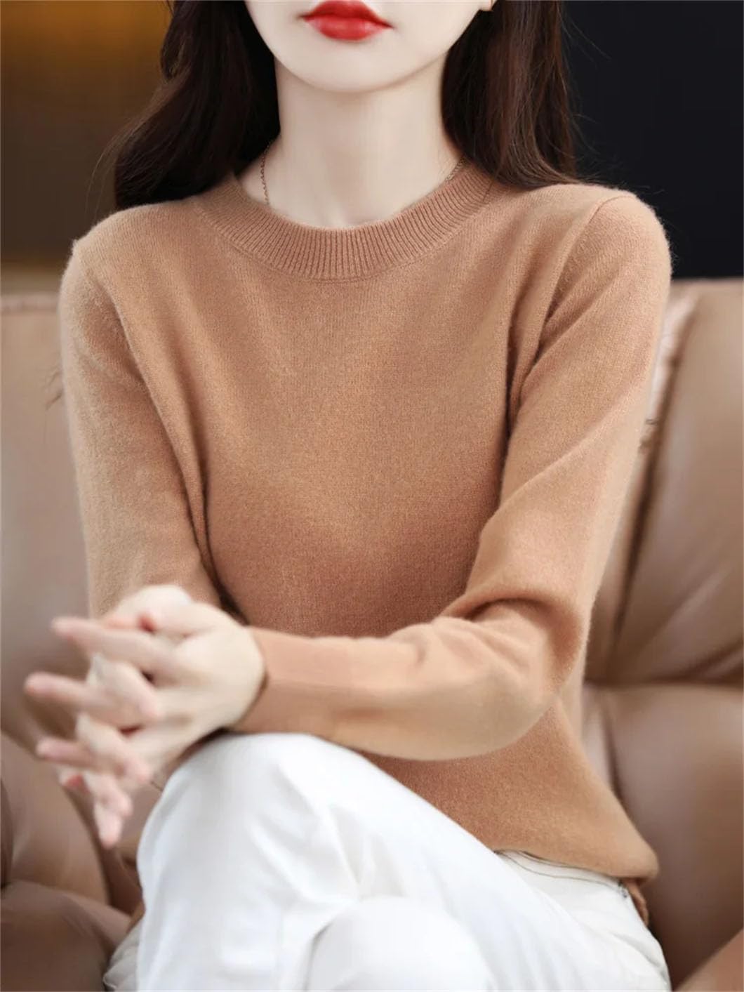 Maglione da donna in lana, a maniche lunghe, tinta unita, morbido, casual