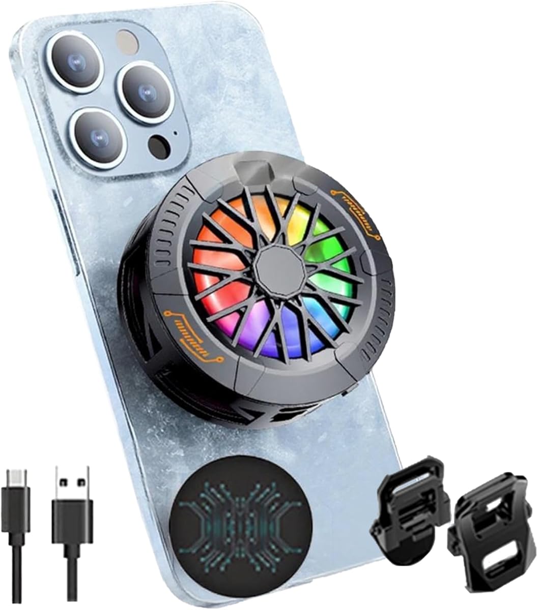 Phone Cooler, Magnetic Tablet Cooler for ipad/Surface Pro/Samsung Tab,Three-Speed Adjustment with Temperature Display for PUBG, Live Vlog, for iOS/Android 4-6.7 Inch Phones, Black