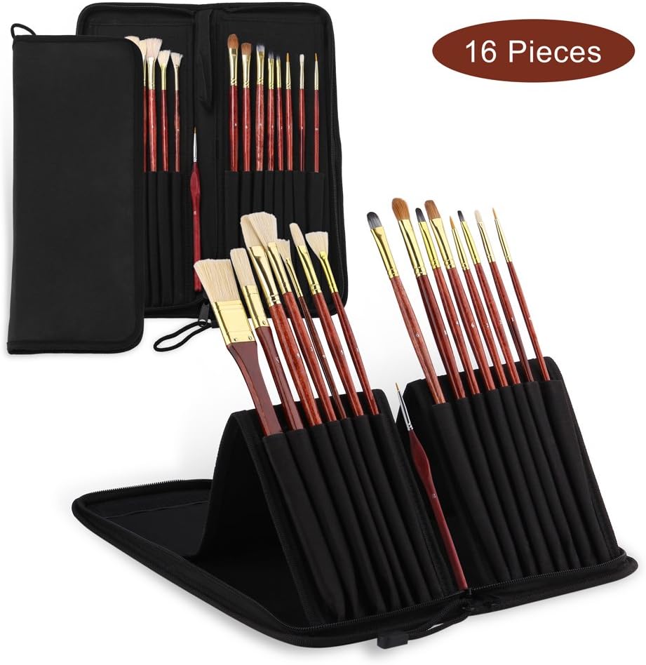 YOHOOLYO 16pcs Paint Brush Set Artist Paint Brushes for Watercolor Oil Acrylic Painting