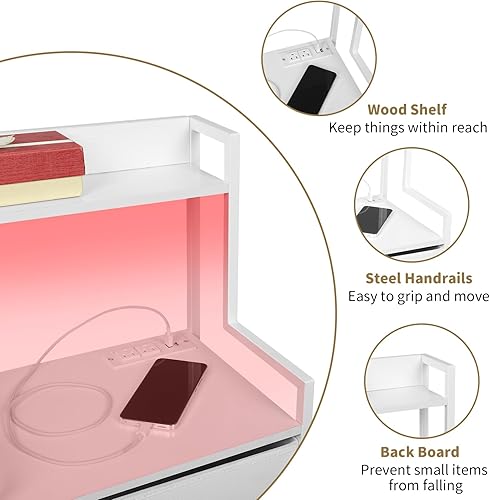 Miniatura 5 de Mesita de noche alta con luz y estación de carga, mesita de noche con 3 cajones de tela y estante de almacenamiento, mesitas de noche con puertos
