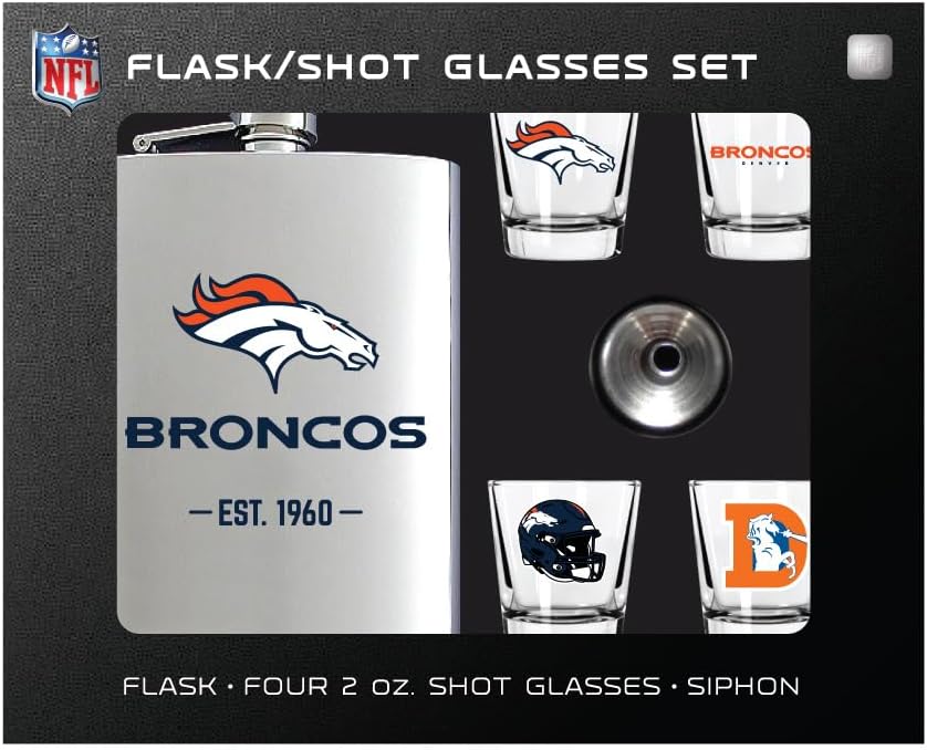 DENCO NFL Denver Broncos Flask Set, Silver Stainless Steel, 8 oz Flask with Four 2 oz Shot Glasses, Team Logo Gift Set with Siphon