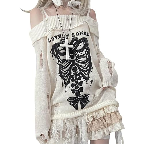 CEINOM Y2k Harajuku Gothic Knitted Pullover Sweater Women Japanese Fashion Sexy Skull Off The Shoulder Punk Loose Sweater - White - Large