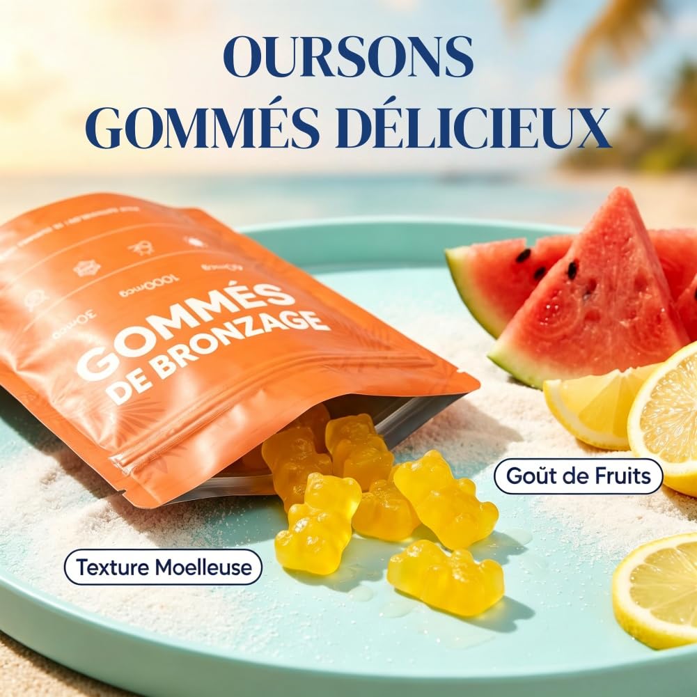 Gummies Autobronzant,90pc Gommes de Bronzage de Peau,Mélange bêta-C-arotène et L-Ycopène, Améliore le Teint Naturel de la Peau