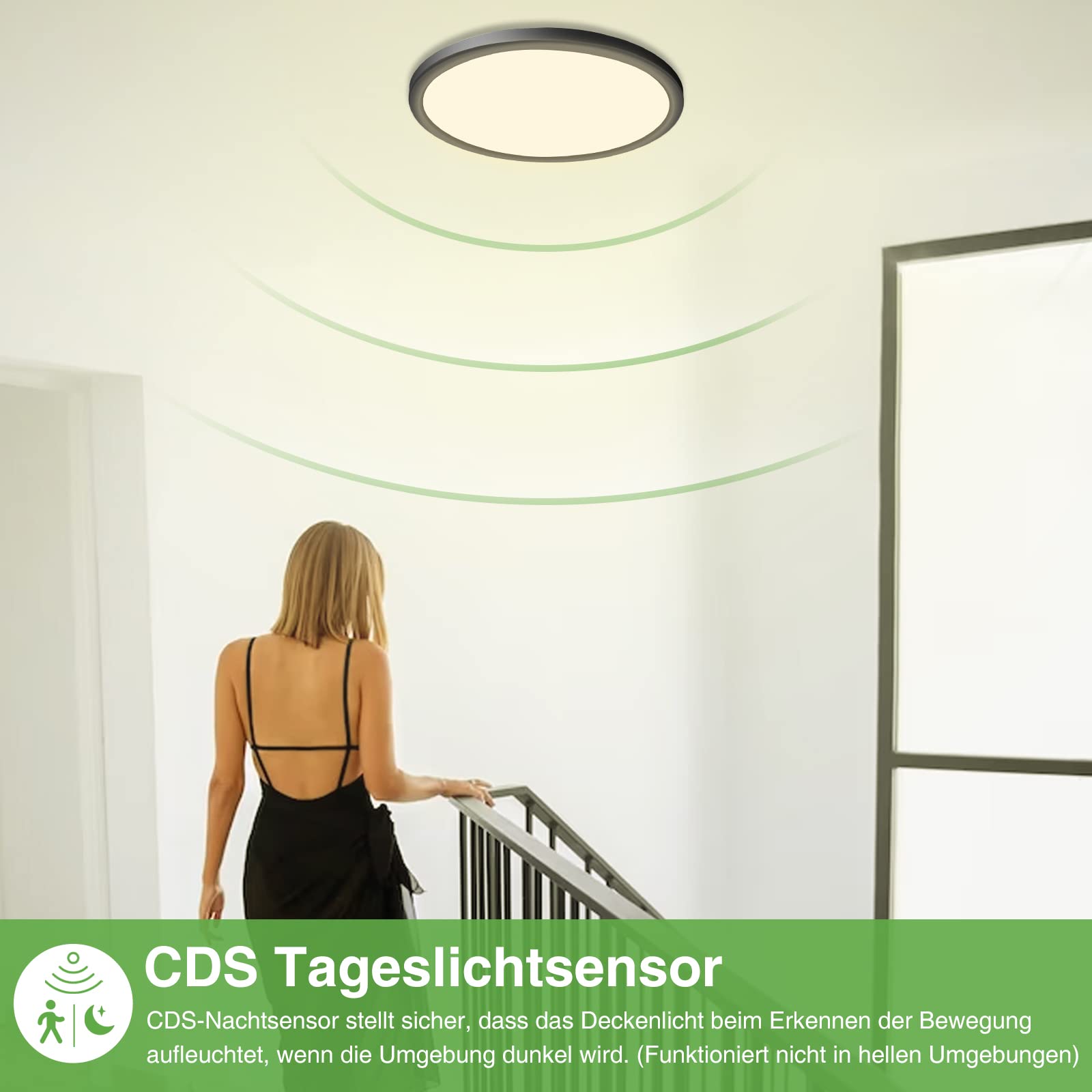 zemty Lampa sufitowa LED z czujnikiem ruchu 19 W, 4000 K, płaska lampa z czujnikiem ruchu wewnątrz, 22 cm, 1800 lm, okrągła lampa sufitowa, czujnik ruchu, IP44, lampa ścienna na balkon, piwnicę,