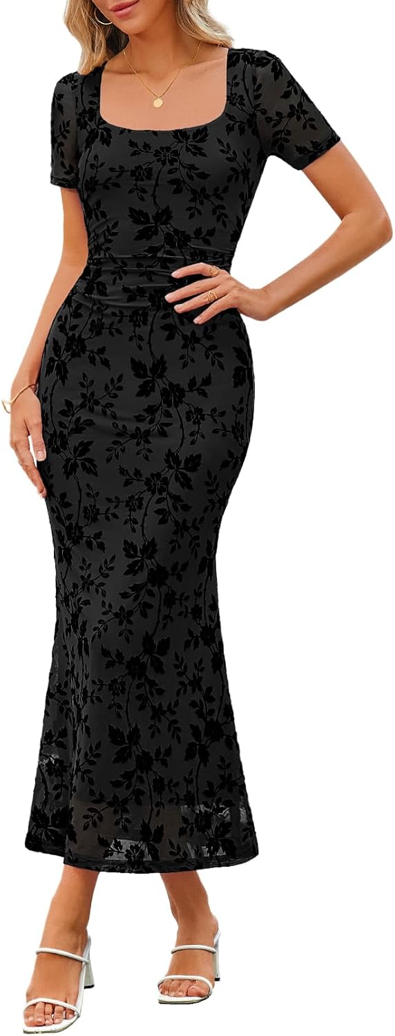 MEROKEETY Women Summer Floral Bodycon Maxi Dress 2026 Spring Wedding Guest Square Neck Short Sleeve Mesh Cocktail Party Dress